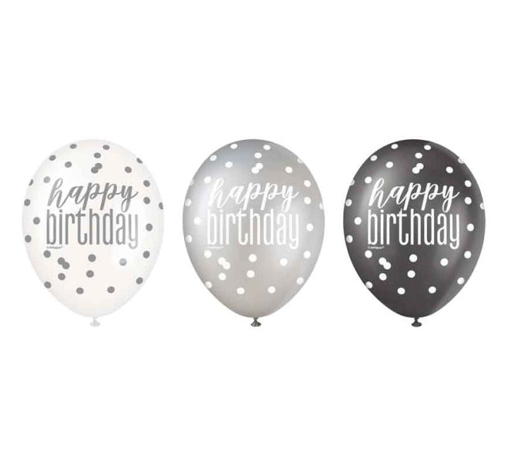 Unique (6) 12in BLACK GLITZ HAPPY B/DAY BALLOONS