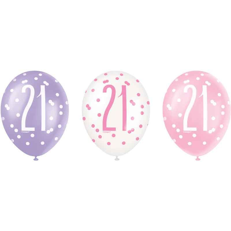 Unique 6PK 12in GLITZ PINK 21ST B/DAY BALLOONS