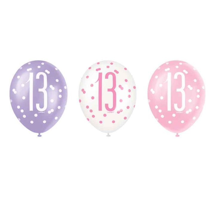 Unique 6PK 12in GLITZ PINK 13TH B/DAY BALLOONS
