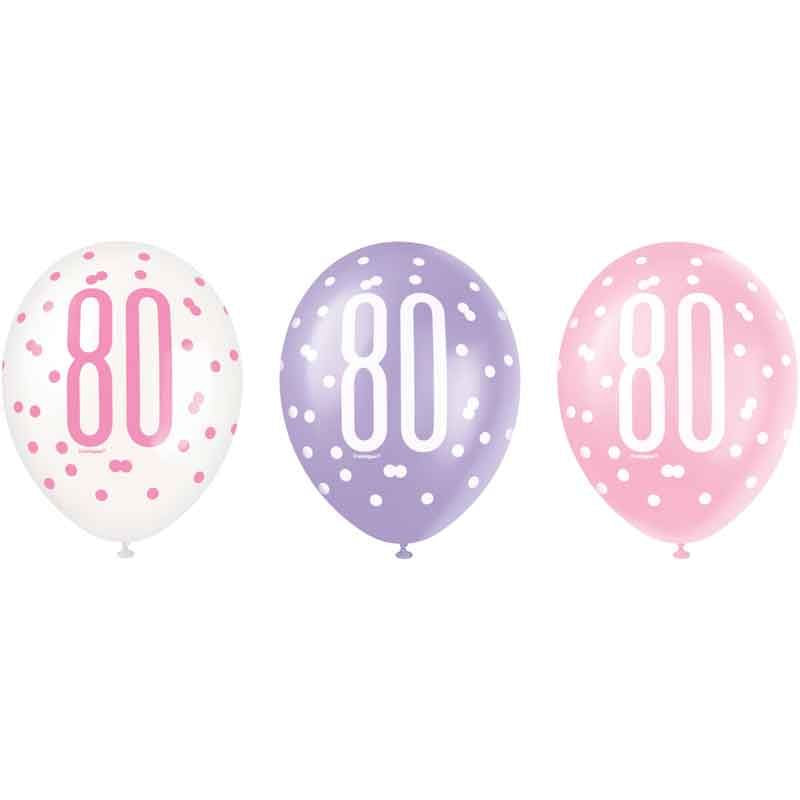 Unique 6PK 12in GLITZ PINK 80TH B/DAY BALLOONS