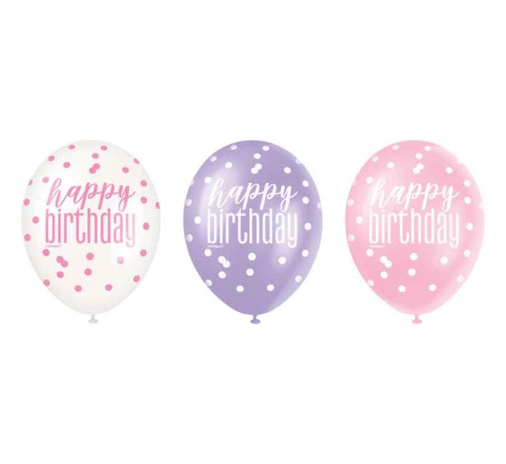 Unique 6PK 12in GLITZ PINK HAPPY B/DAY BALLOONS