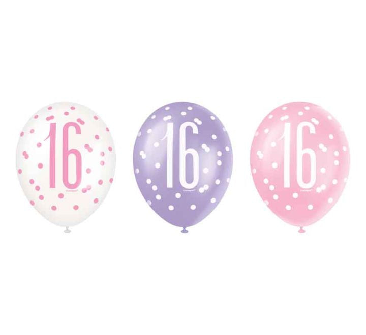 Unique 6PK 12in GLITZ PINK 16TH B/DAY BALLOONS