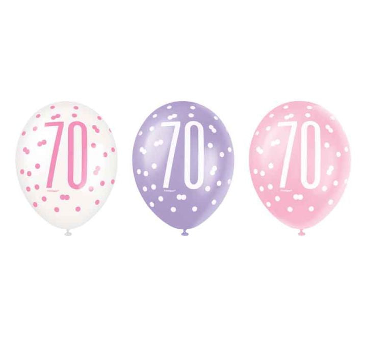 Unique 6PK 12in GLITZ PINK 70TH B/DAY BALLOONS