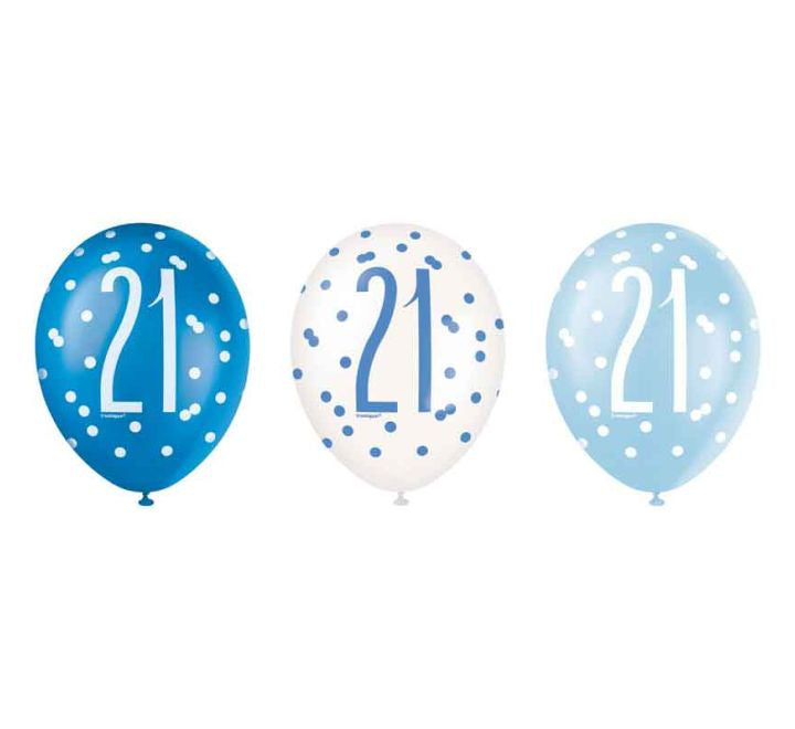 Unique (6) 12in BLUE GLITZ 21ST BALLOONS