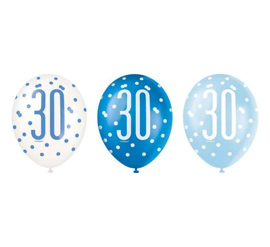 Unique (6) 12in BLUE GLITZ 30TH BALLOONS