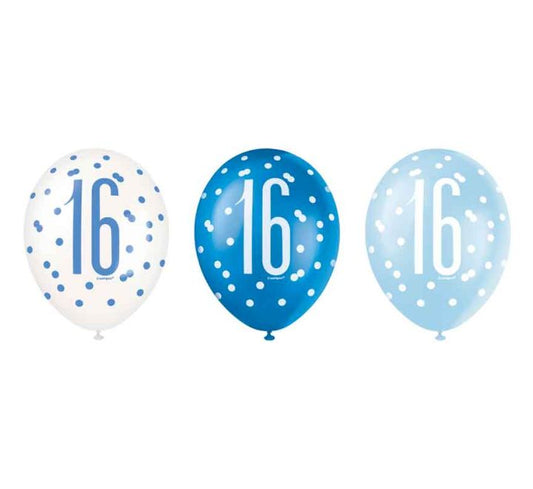 Unique (6) 12in BLUE GLITZ 16TH BALLOONS