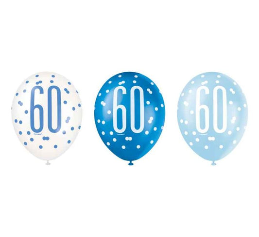 Unique (6) 12in BLUE GLITZ 60TH BALLOONS