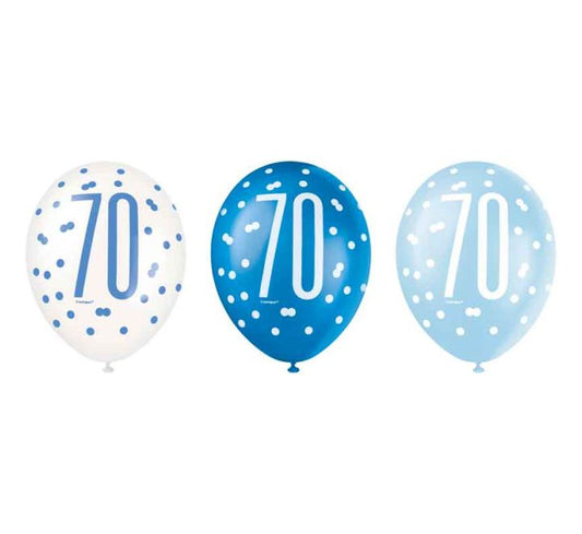 Unique (6) 12in BLUE GLITZ 70TH BALLOONS