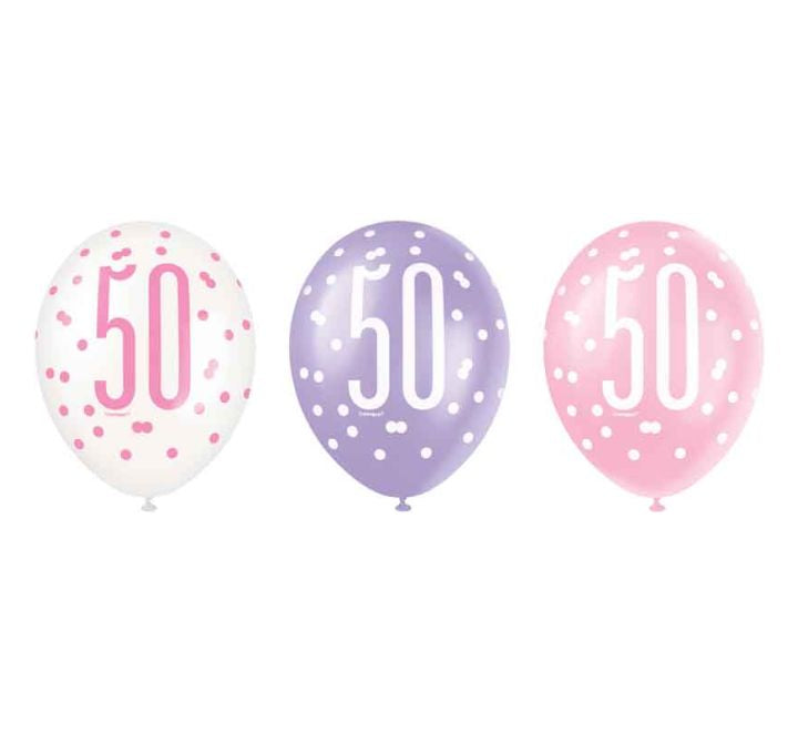 Unique 6PK 12in GLITZ PINK 50TH B/DAY BALLOONS