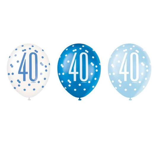 Unique (6) 12in BLUE GLITZ 40TH BALLOONS