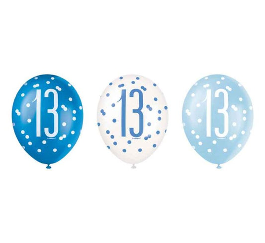 Unique (6) 12in BLUE GLITZ 13TH BALLOONS