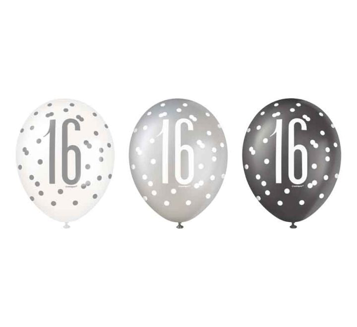 Unique (6) 12in BLACK GLITZ 16 BALLOONS
