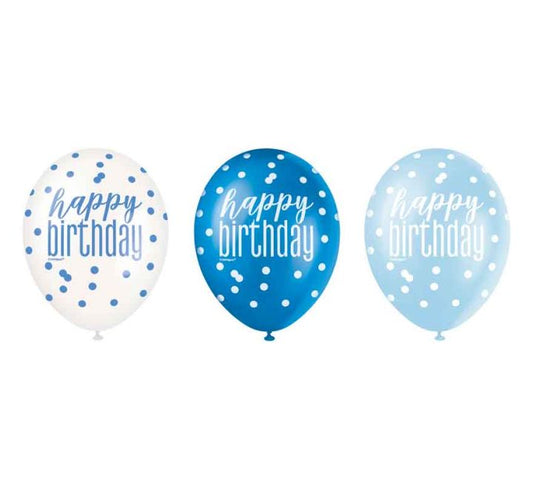 Unique (6) 12in GLITZ BLUE HAPPY B/DAY BALLOONS
