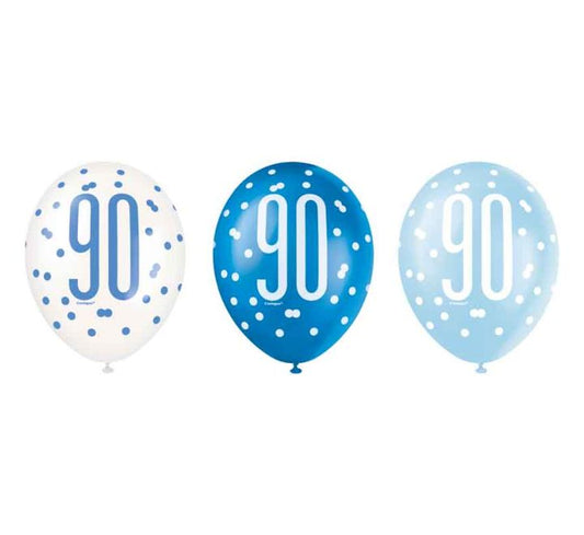 Unique (6) 12in BLUE GLITZ 90TH BALLOONS