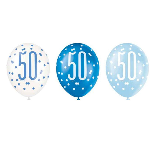 Unique (6) 12in BLUE GLITZ 50TH BALLOONS
