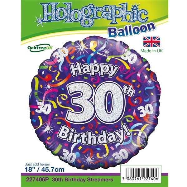 18” Age 30 streamers holographic foil balloon