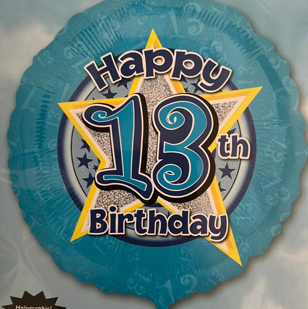 18” age 13 light blue holographic foil balloon