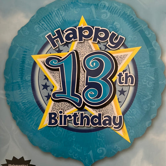 18” age 13 light blue holographic foil balloon