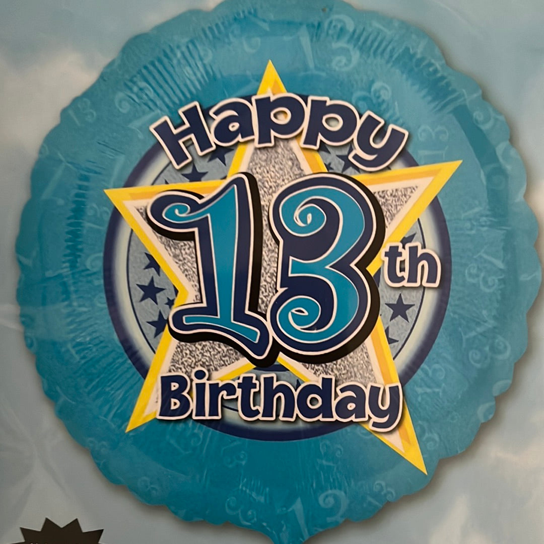 18” age 13 light blue holographic foil balloon