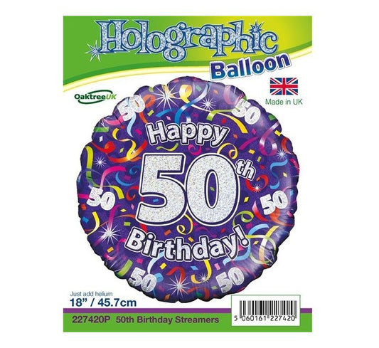 18” Age 50 streamers holographic foil balloon