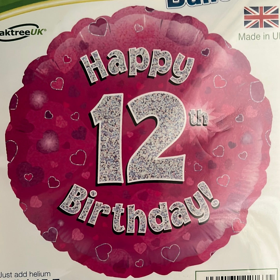 18” age 12 pink holographic foil balloon