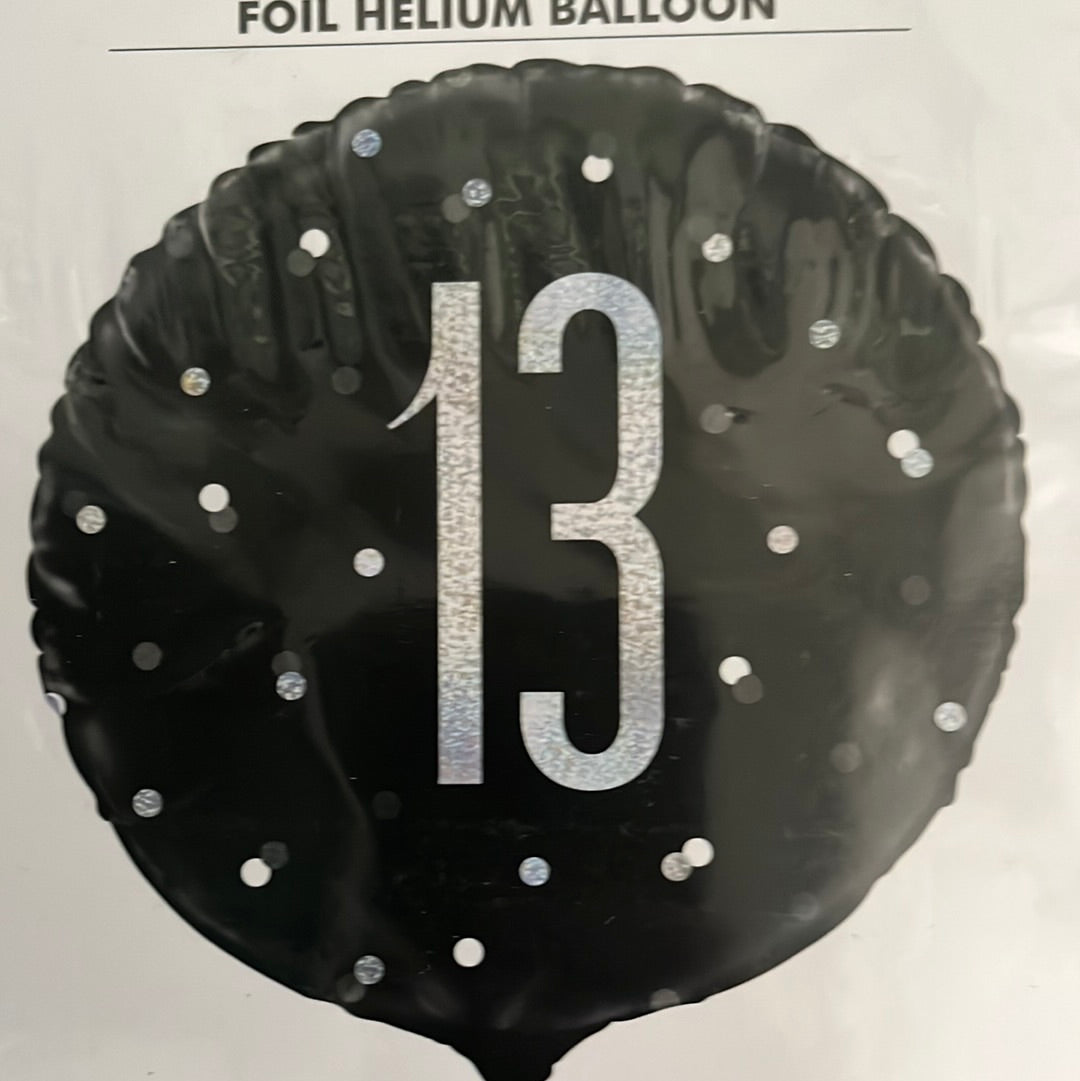 18” age 13 black glitz foil balloon