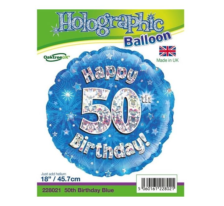 18” age 50 blue holographic foil balloon